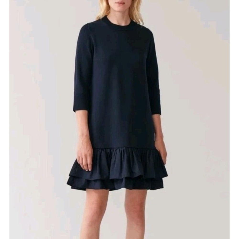 Cos Dress XS Knit Woven Pleat Combo Navy Blue Lagenlook Artsy Minimalist - Picture 2 of 15